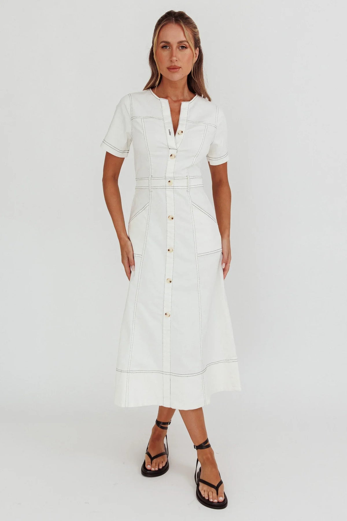 Aspen Love Front Pocket Midi Dress White
