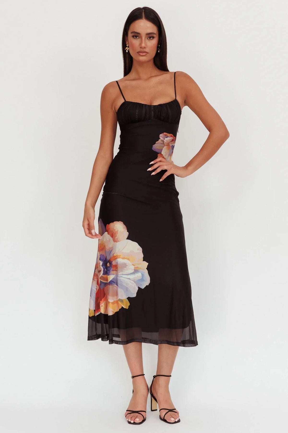 Nerida Gathered Bust Maxi Dress Flowers Black