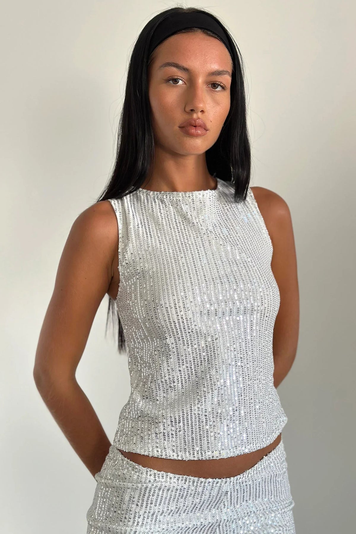 Hala Vest Top Silver Chrome Sequin