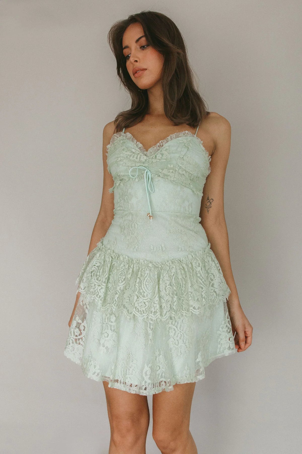 St Tropez Cami Strap Frill Trim Lace Mini Dress Sage