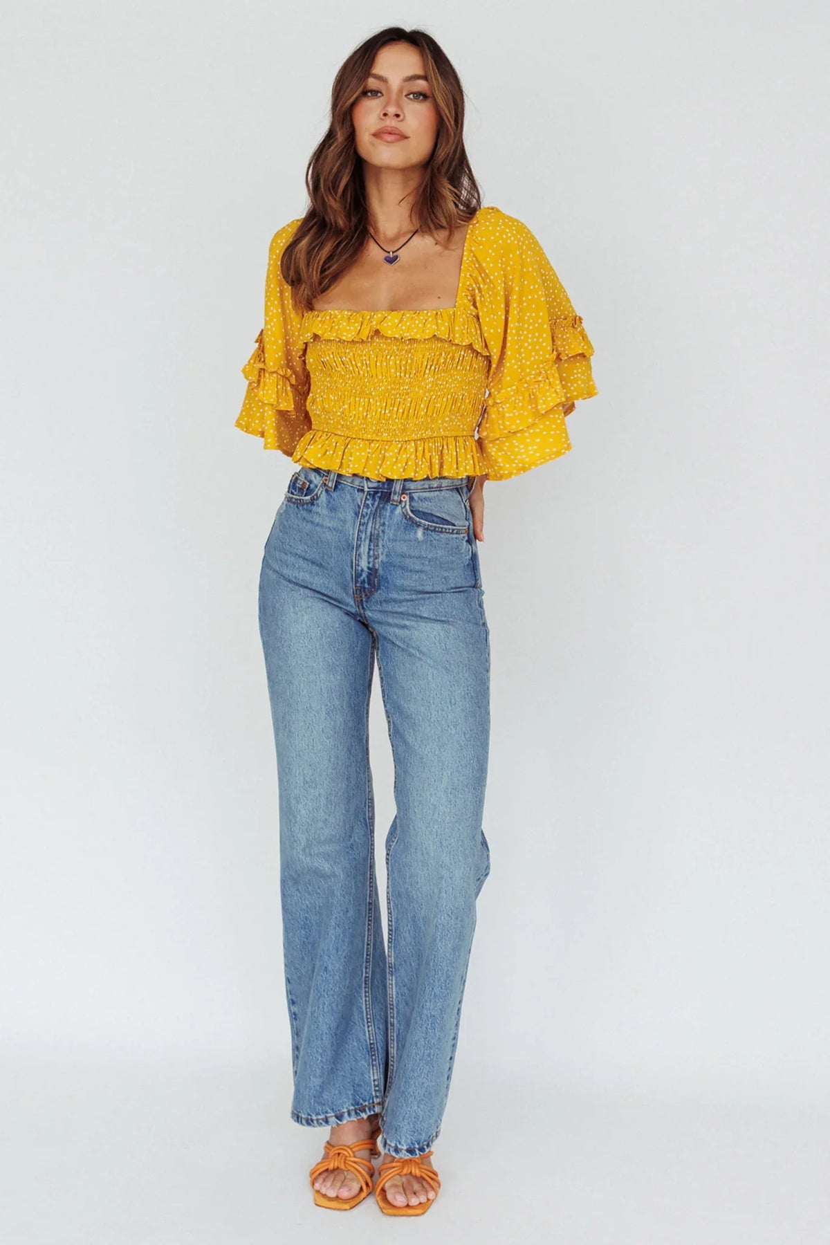 Boardwalk Bell Sleeve Crop Top Spotty Mustard