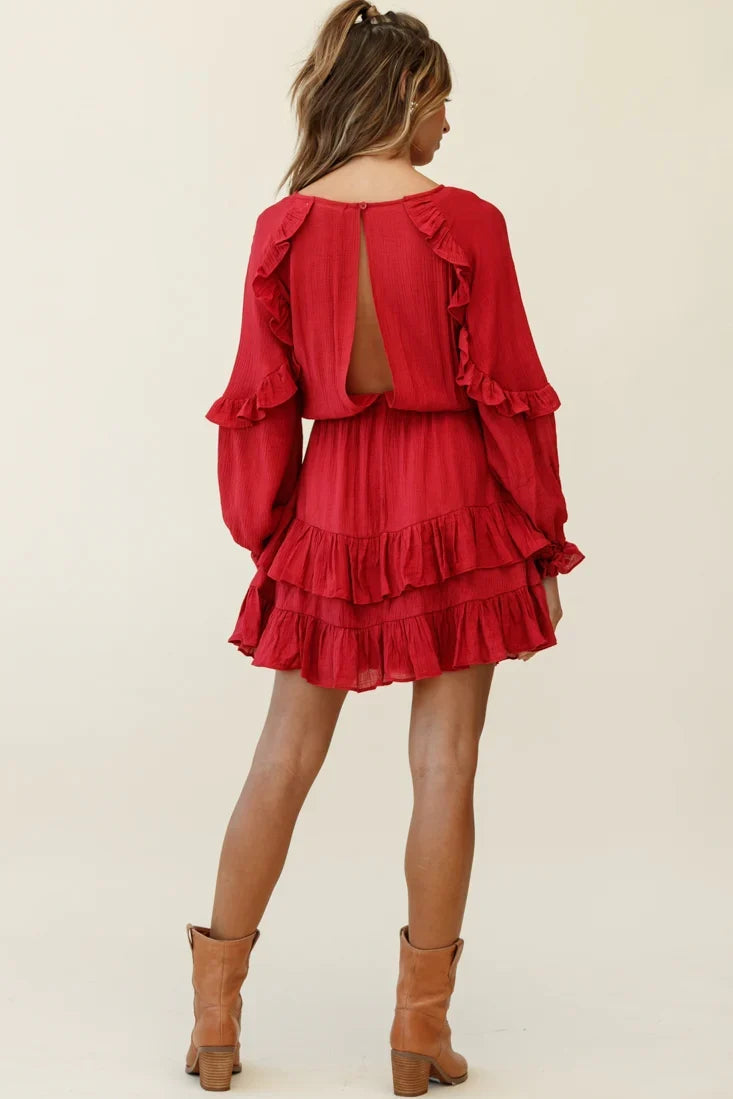 Best Wishes Long Sleeve Frill Detail Dress Wine