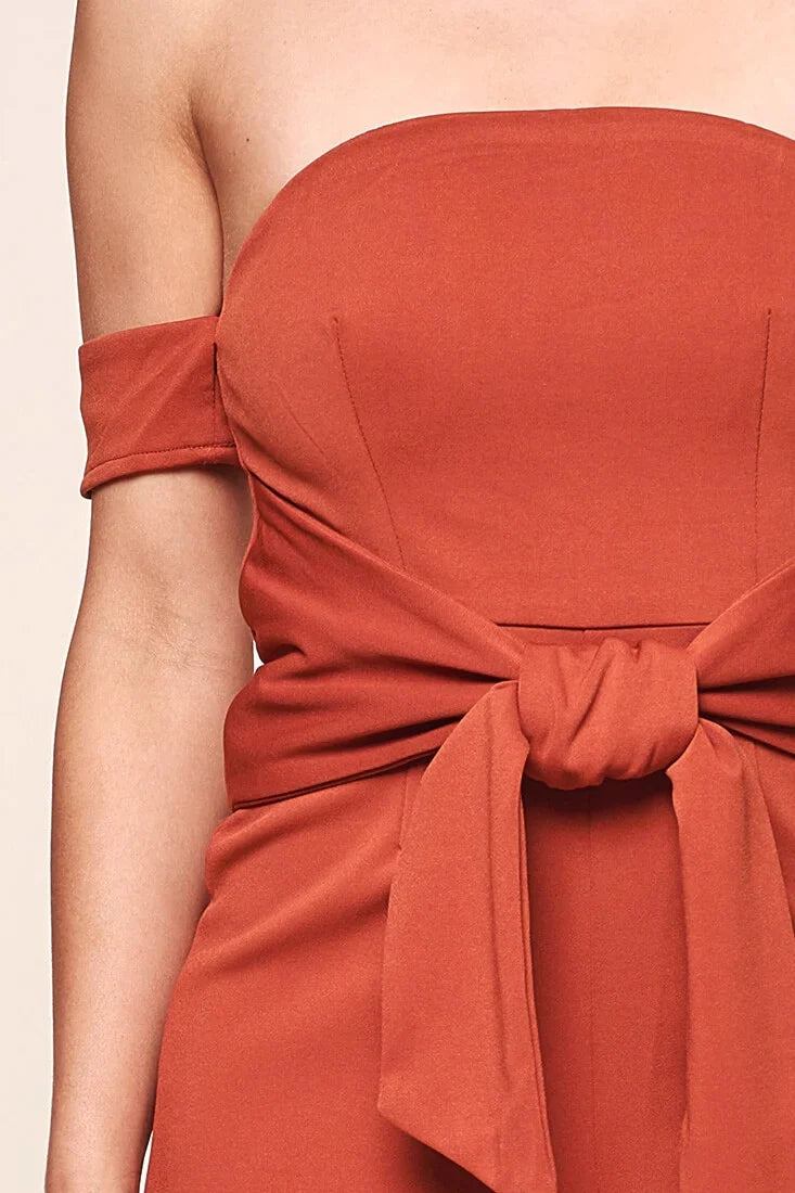 Joan Off the Shoulder Waist Tie Wide Leg Jumpsuit Rust