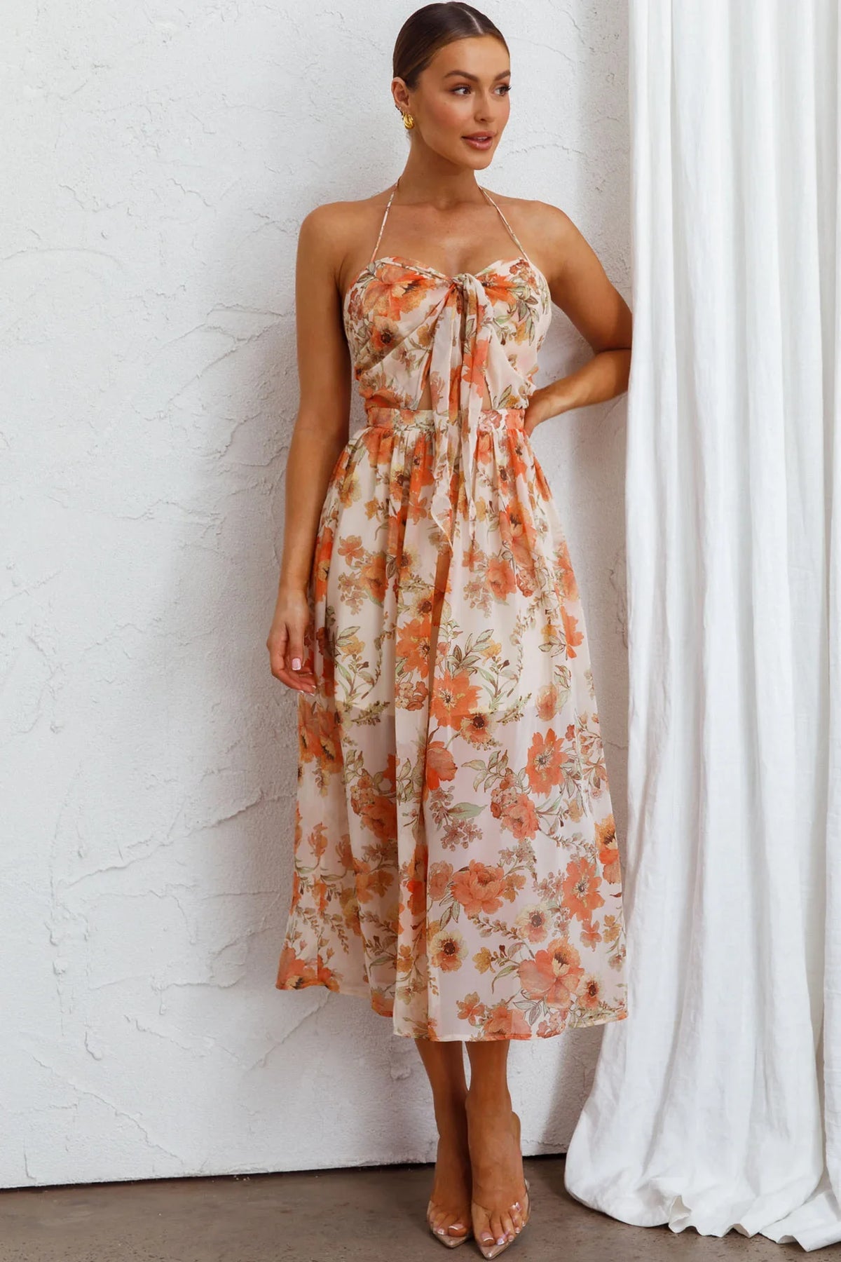 Los Feliz Tied Bust Halterneck Midi Dress Floral Beige