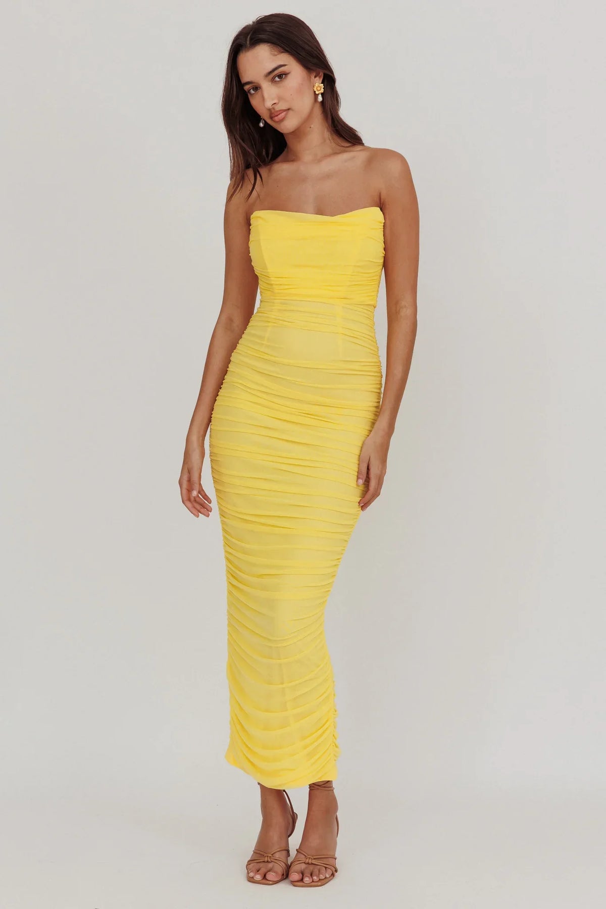 Midwest Strapless Gathered Mesh Maxi Dress Lemon