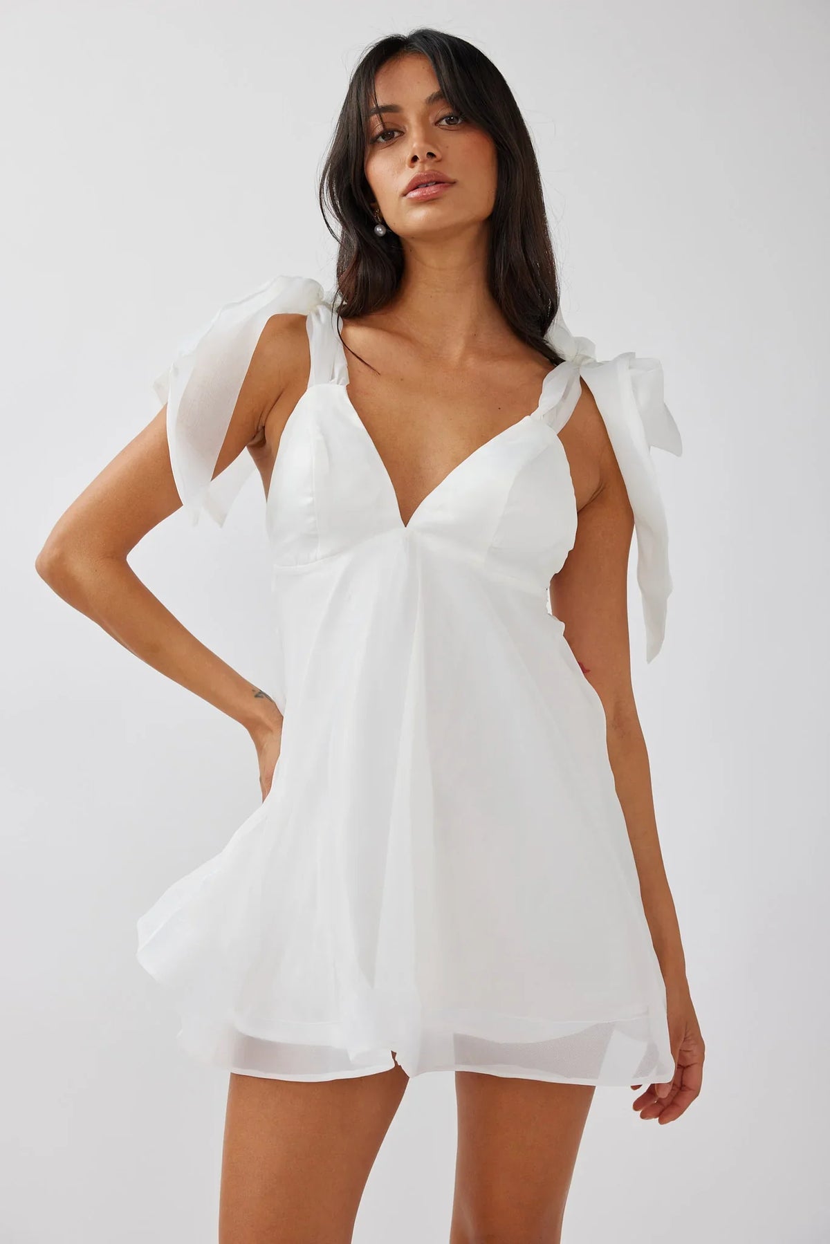 Chantilly Tied Shoulder Mini Dress Solid White