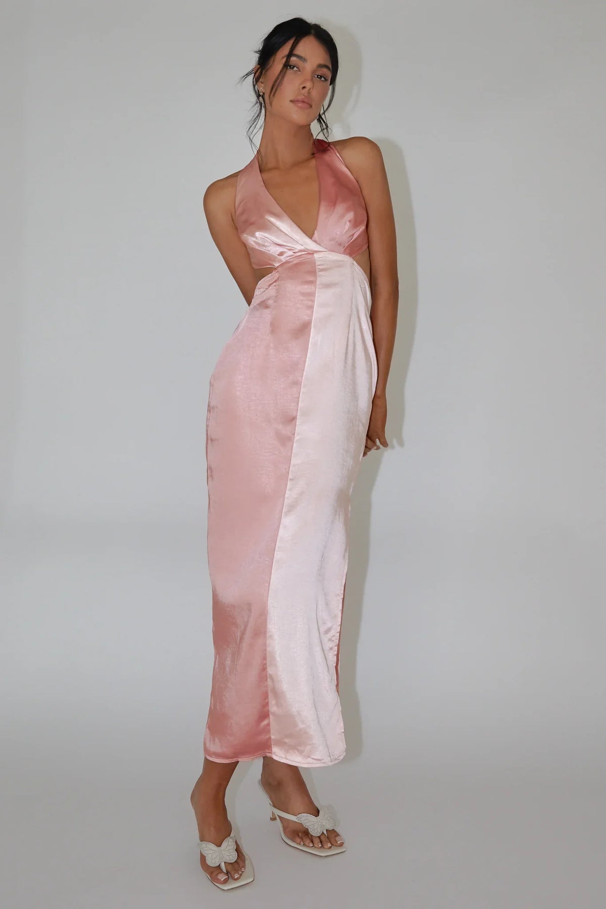 Harlequin Halterneck Satin Maxi Dress Blush