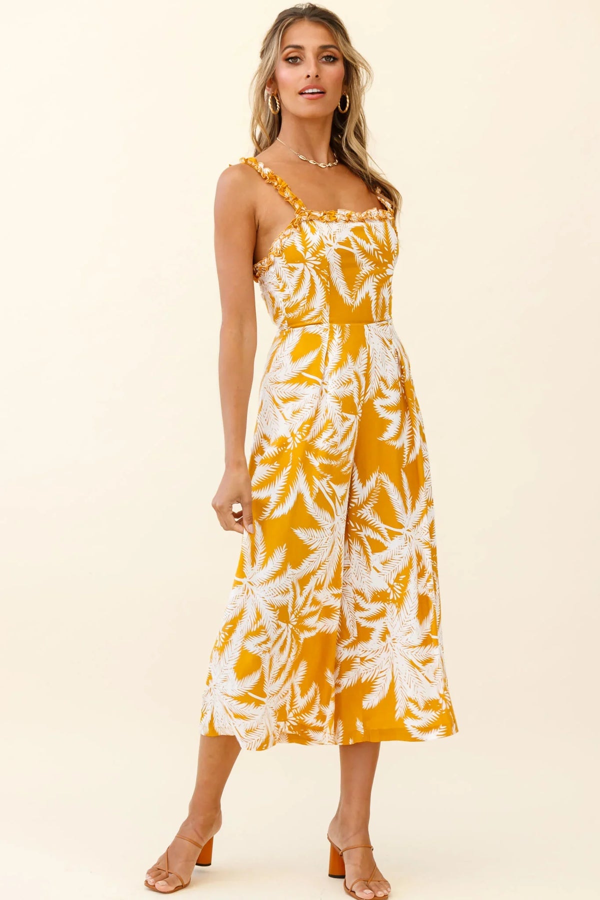 Magdalene Frill Strap Midi Jumpsuit Palm Print Yellow