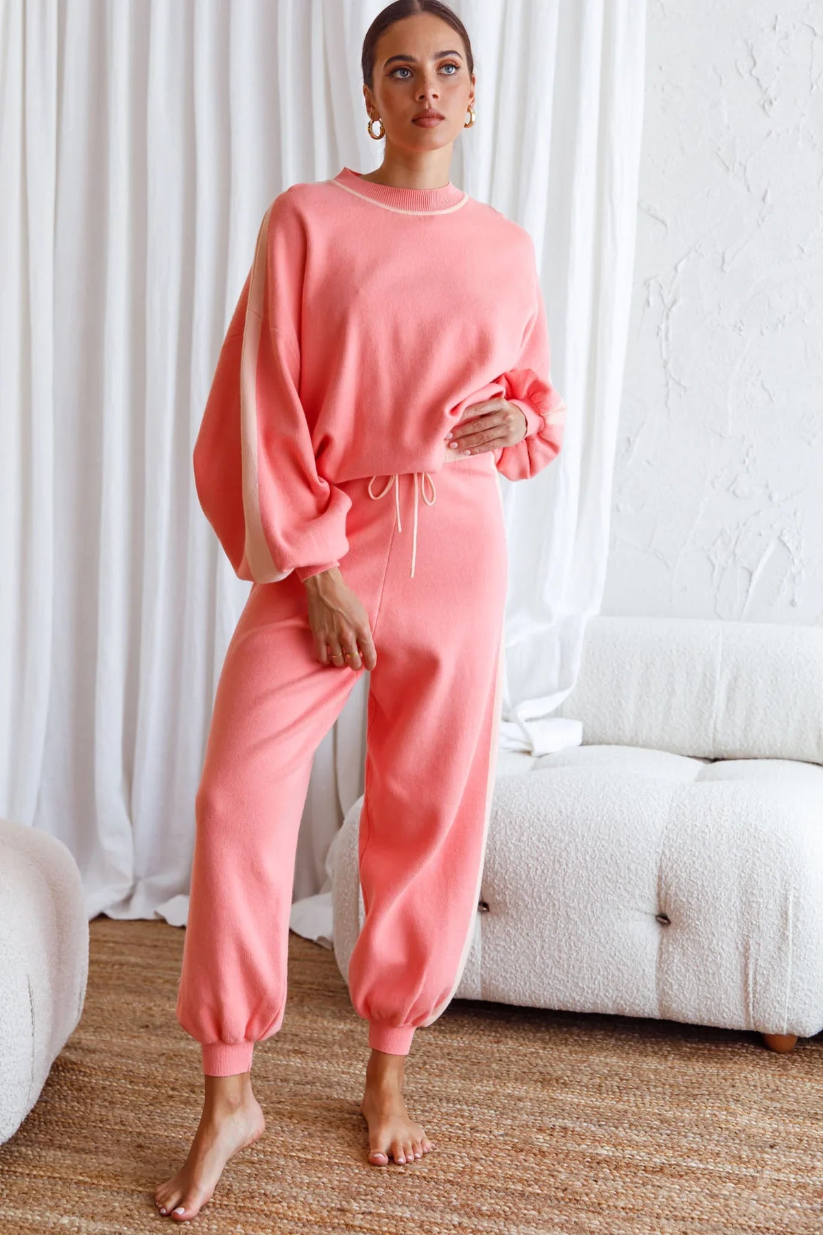 Take Me Back Balloon Sleeve Drop Shoulder Brushed Knit Sweater Peach