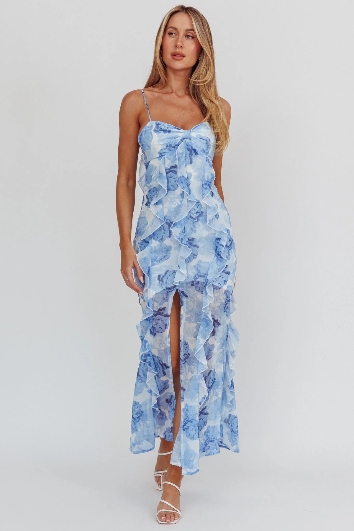 Frannie Vertical Ruffle Maxi Dress Floral Blue