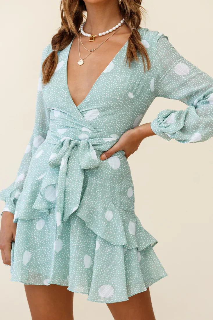 Kerry Layered Balloon Sleeve Dress Spot Print Green