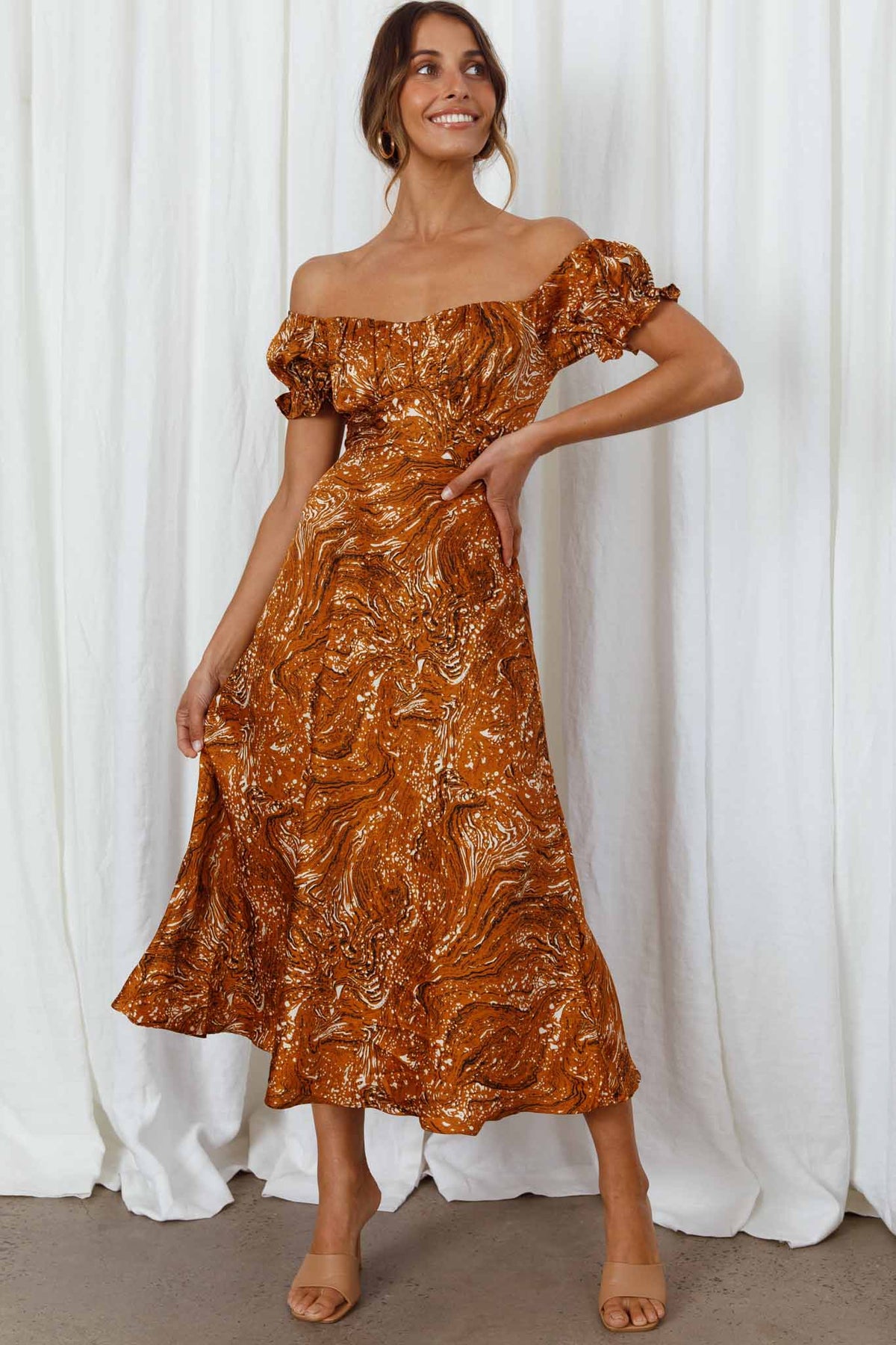 Linka Off-Shoulder Tie Back Midi Dress Marbled Print Mustard