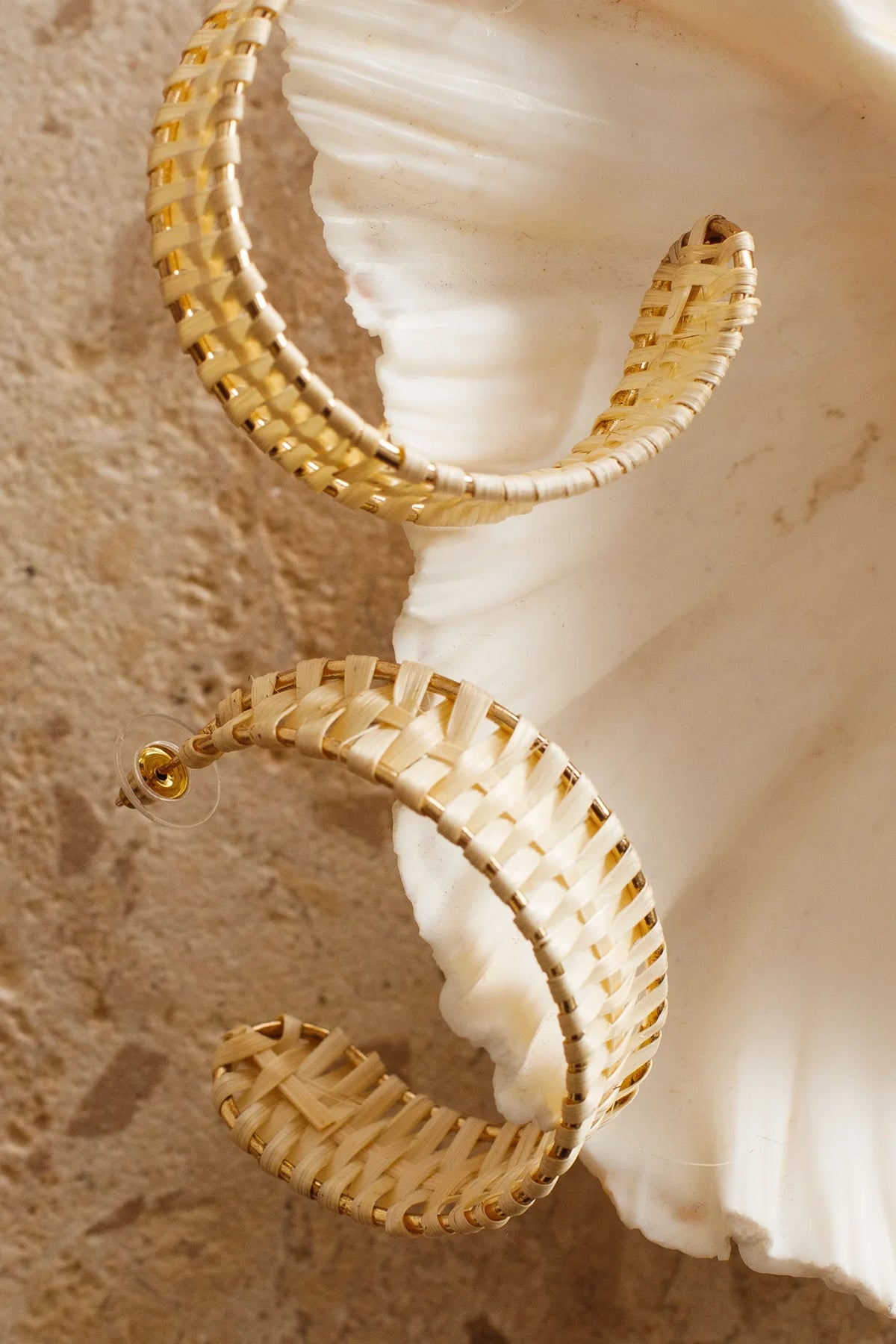 Trinidad Half Hoop Rattan Earrings Beige