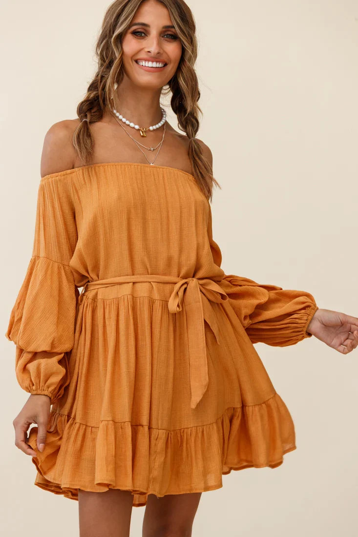 Frida Off-Shoulder Waist Tie Dress Tan