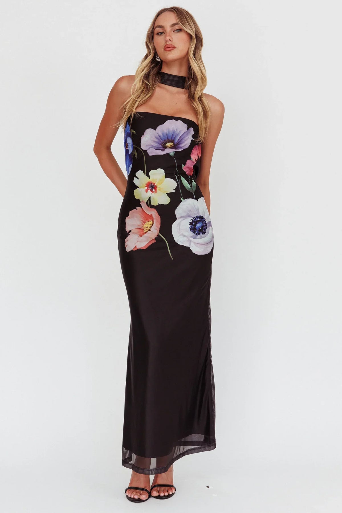 Damsel Reverse Halter Mesh Maxi Dress Flower Black