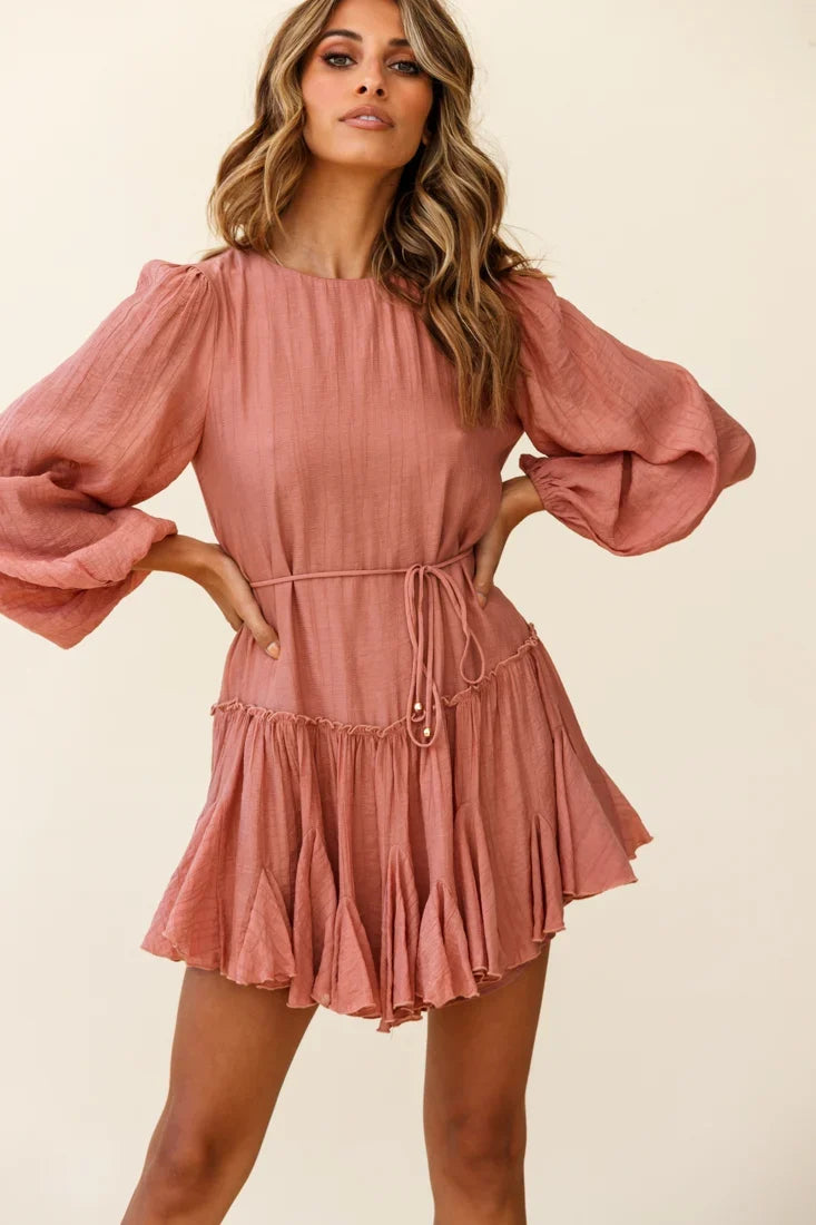 Rosabel Balloon Sleeve Fluted Hem Dress Rose