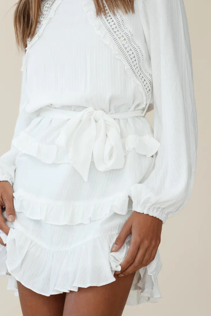 Dusk Long Sleeve Waist Tie Frill Dress White