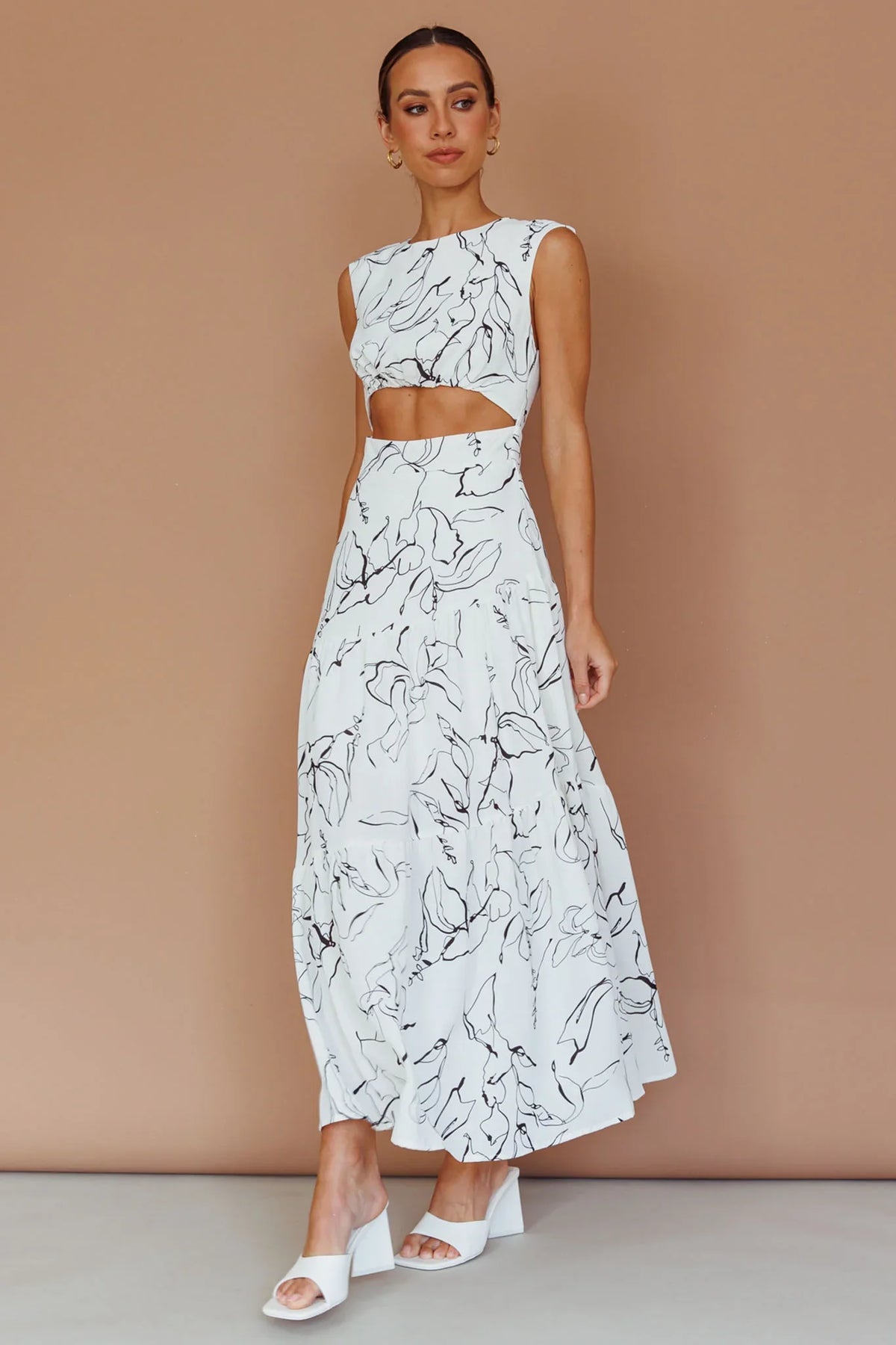 Shaniqua Cut-Out Sleeveless Midi Dress Print White