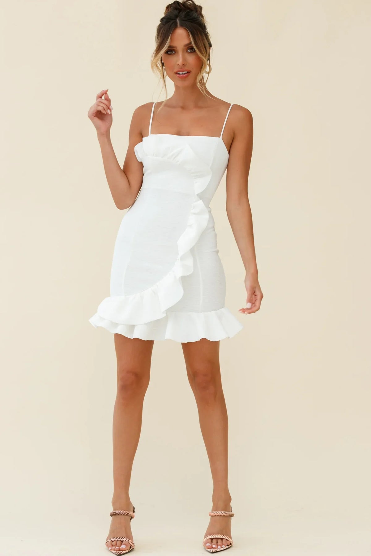 Juanita Half Moon Ruffle Detail Bodycon Dress White