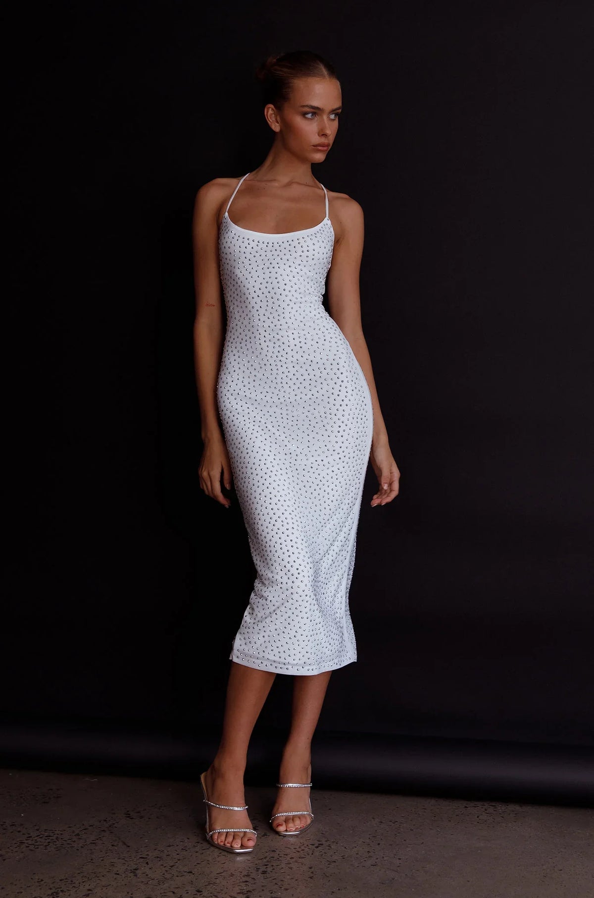 Goodnight Kiss Strappy Back Embellished Midi Dress Ivory