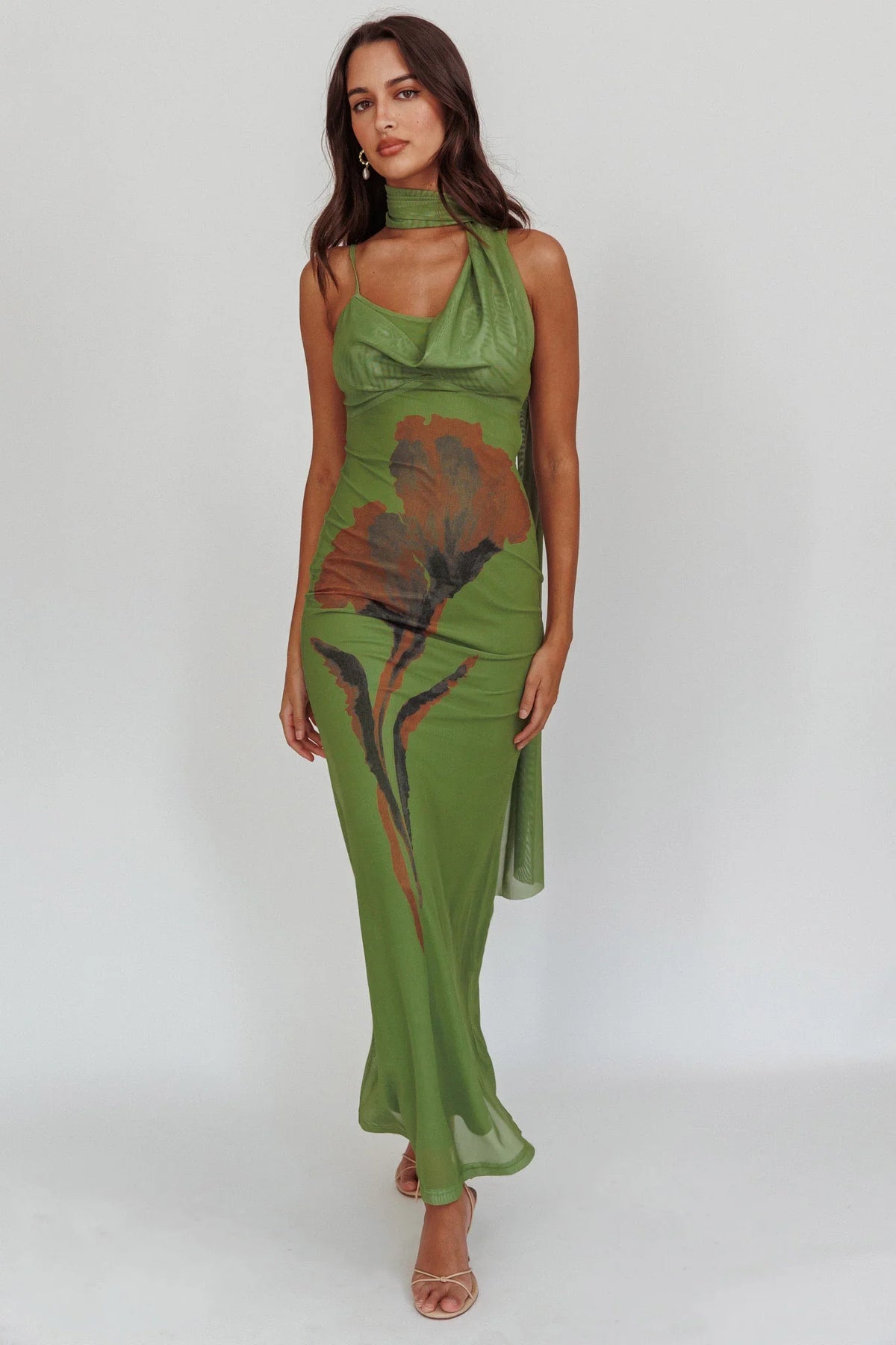 No Surprises Scarfed Floral Maxi Dress Green