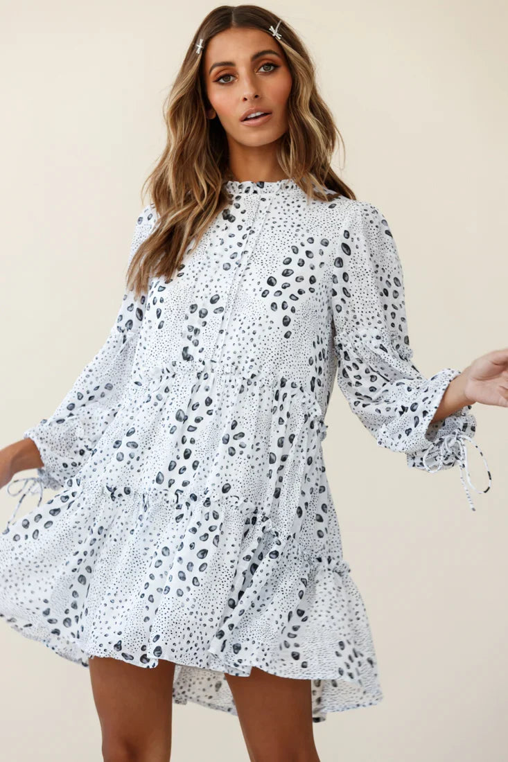 Beatrix High Neck Bell Sleeve Dress Droplet Print White