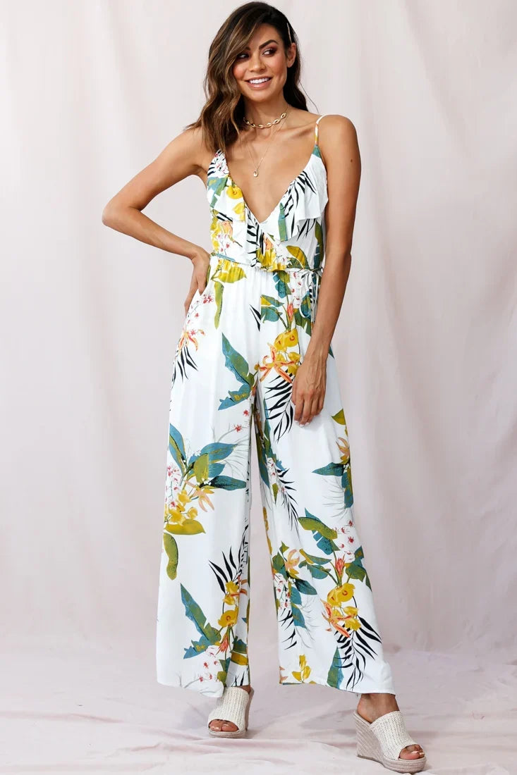 Melita Ruffle V-Neckline Jumpsuit Tropical Print White