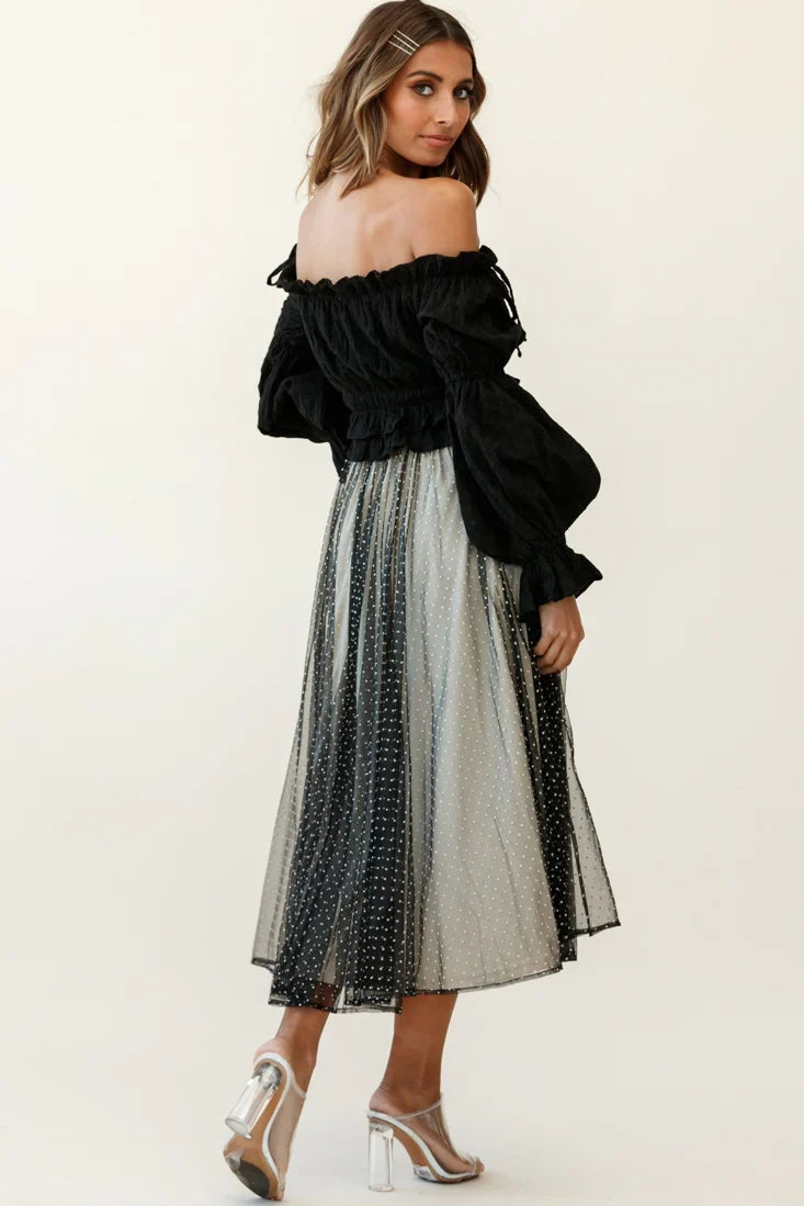 Jasmine Hail Spot Mesh Midi Skirt Black