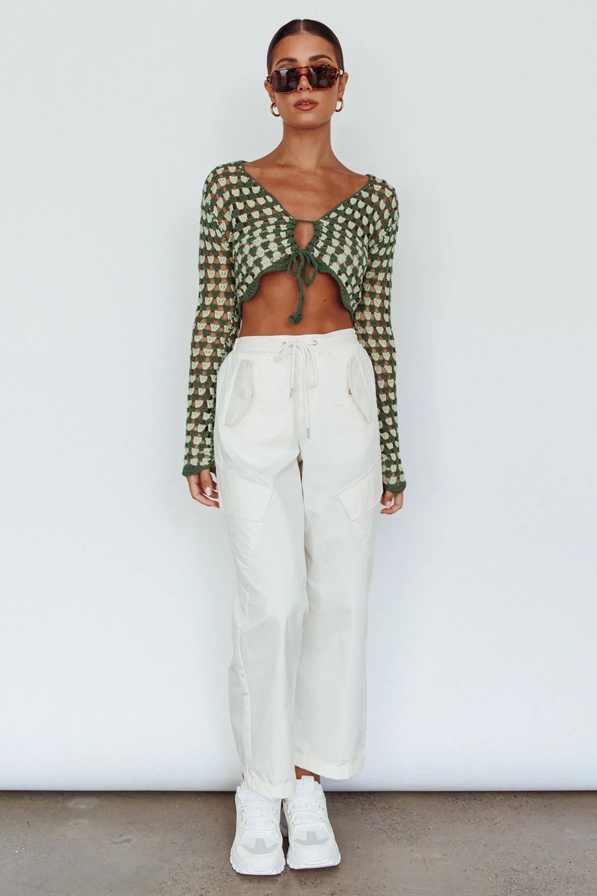 Maycie Long Sleeve Crochet Crop Top Green Multi