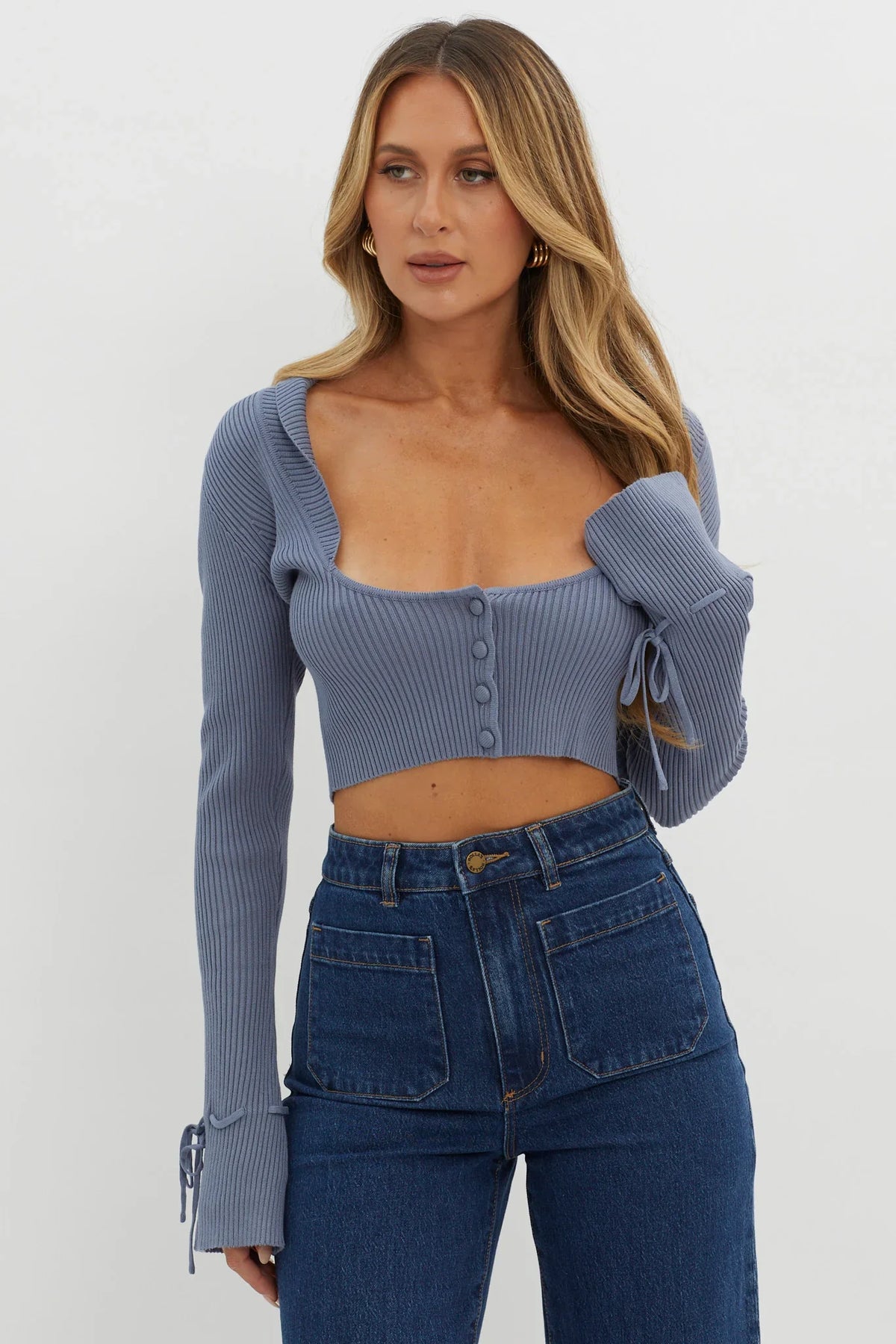 Pippi Flared Cuff Knit Crop Top Dusty Blue