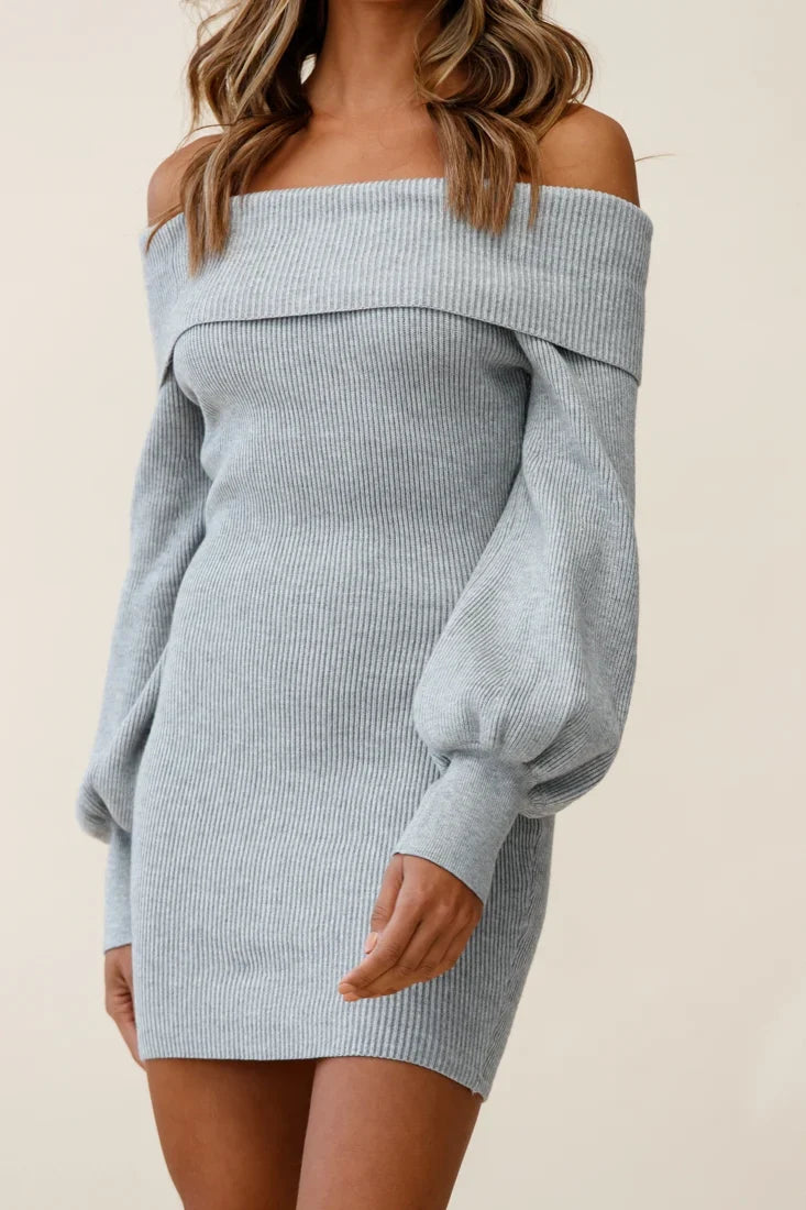 Runaway Off Shoulder Balloon Sleeve Knit Dress Grey