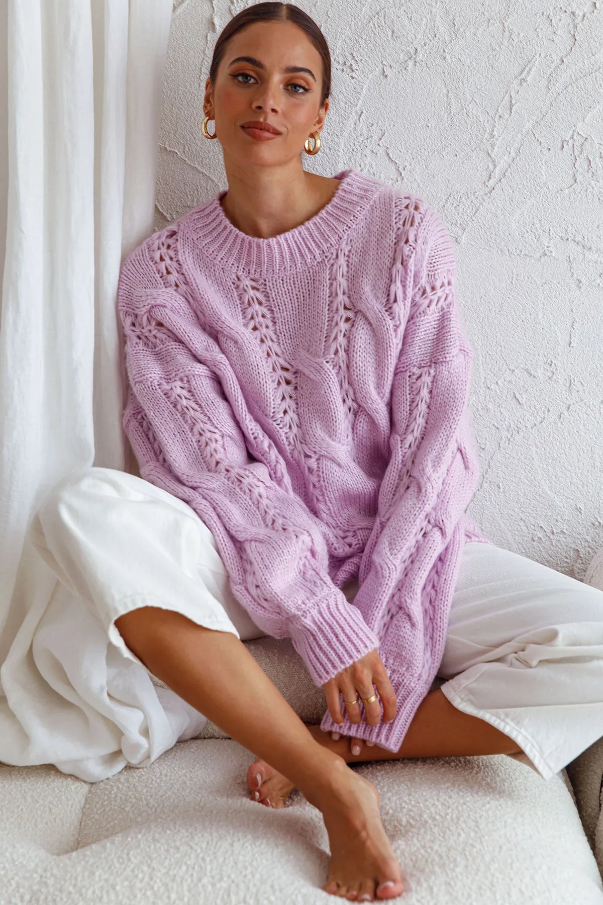 Nicola Long Sleeve Chunky Cable Knit Sweater Lilac