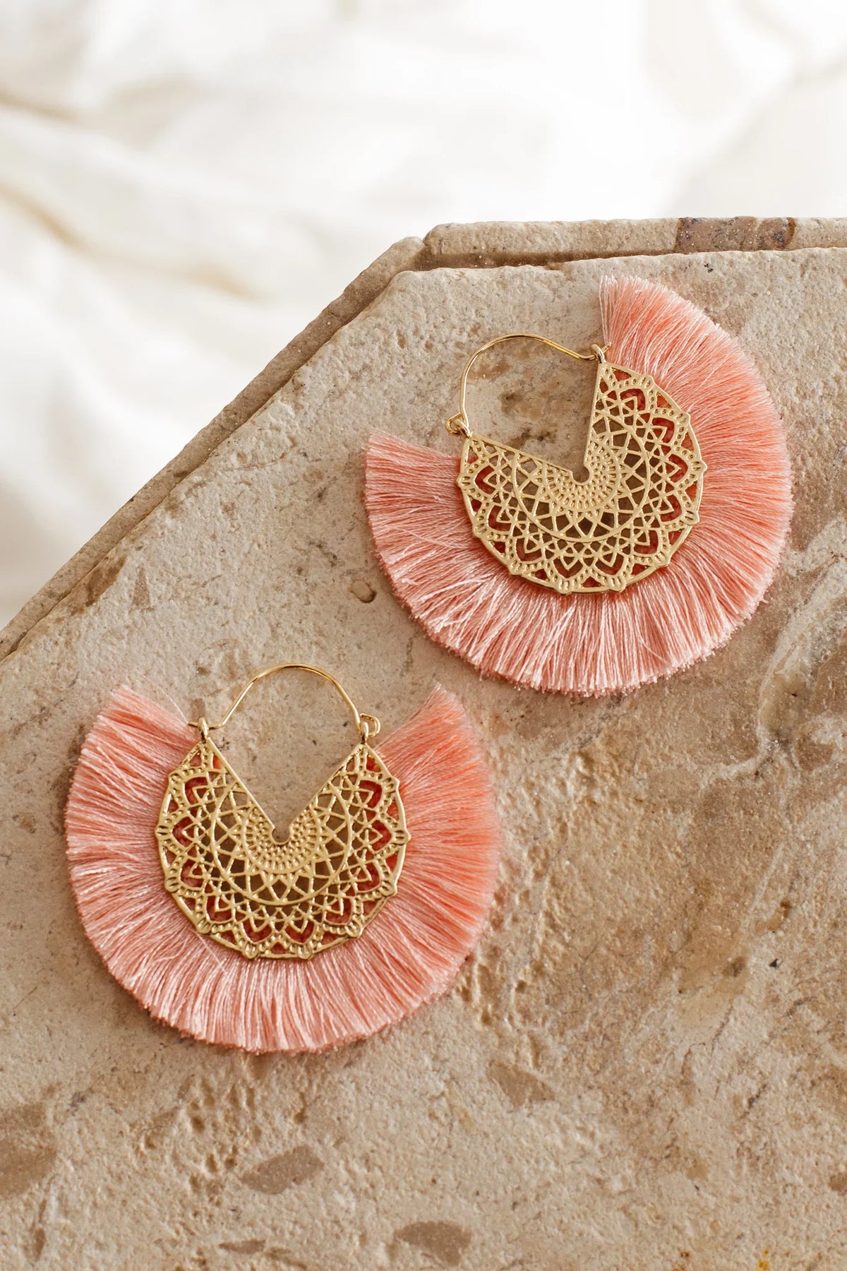 Bali Gold Filigree Fringing Earrings Pink