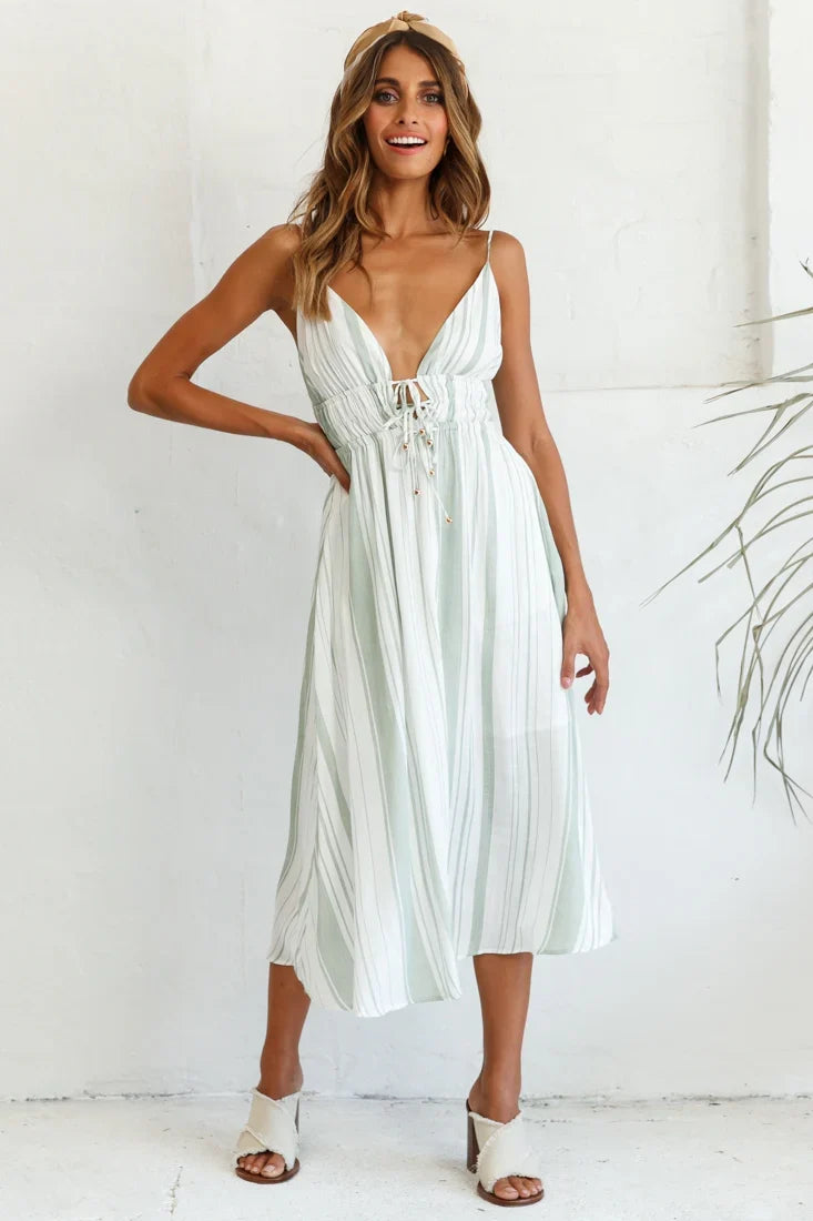 Hosanna Drawstring Detail Pocket Midi Dress Stripe Print Olive
