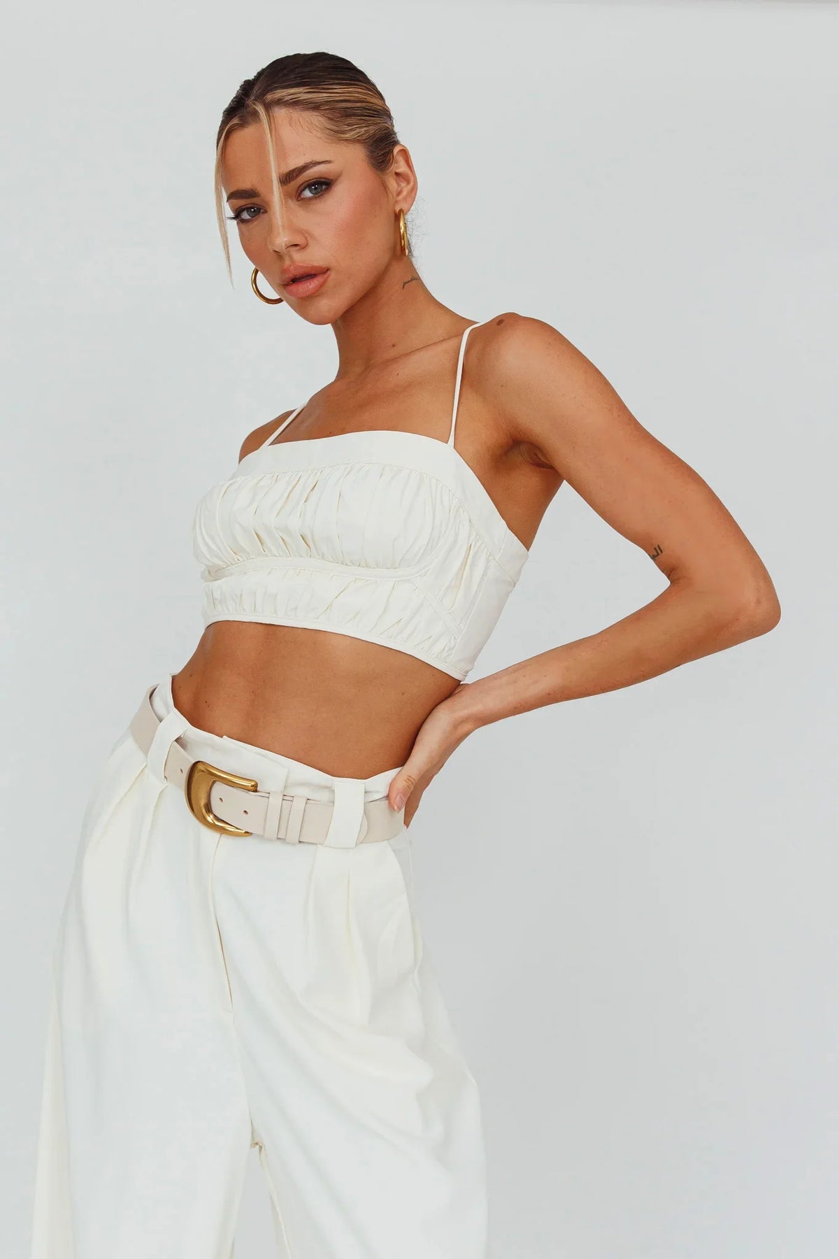 Regal Ruched Cami Crop Top Cream