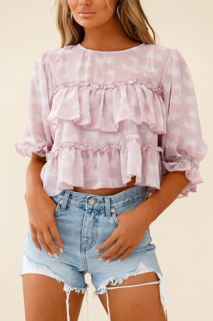 Float On By Layered Ruffle Crop Top Leaf Print Pink