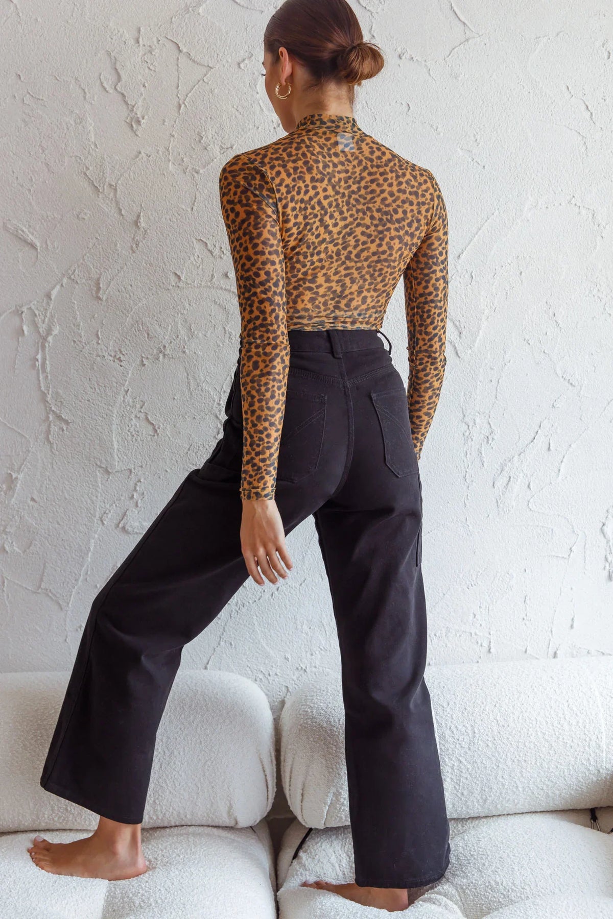 Feelin' It Long Sleeve Turtleneck Sheer Bodysuit Orange Leopard Print