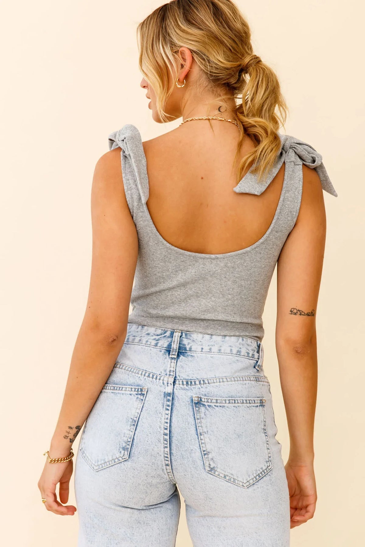 Can't Stop Me Bow Shoulder Bodysuit Grey Marle