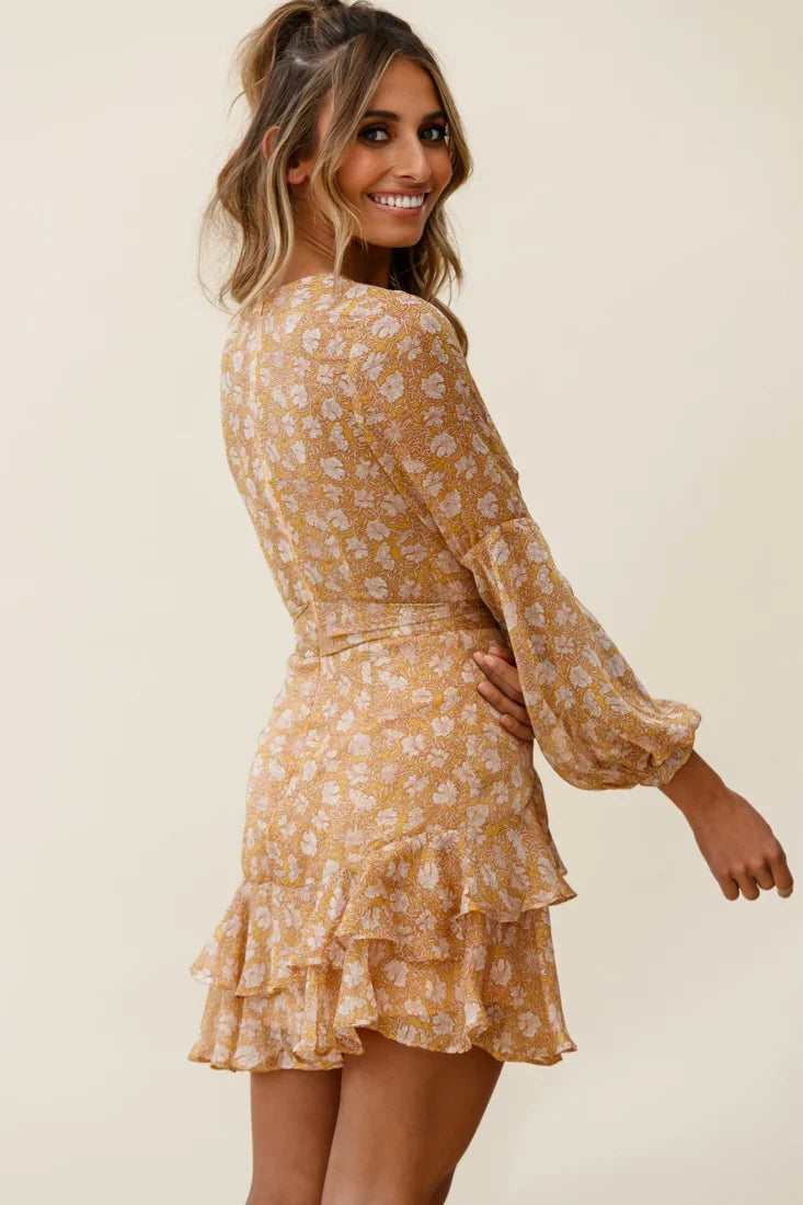 Kerry Layered Balloon Sleeve Dress Floral Print Mustard