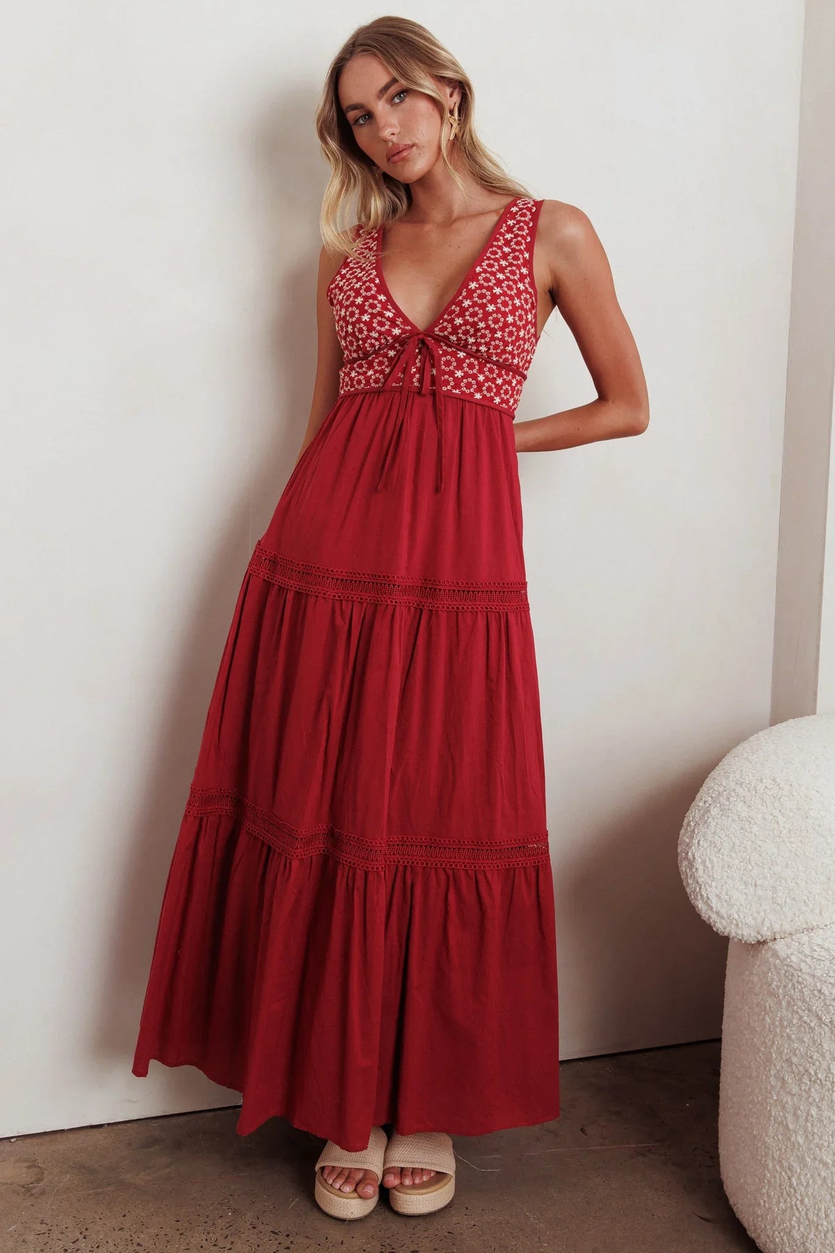 Joycelin V-Neck Eyelet Maxi Dress Red