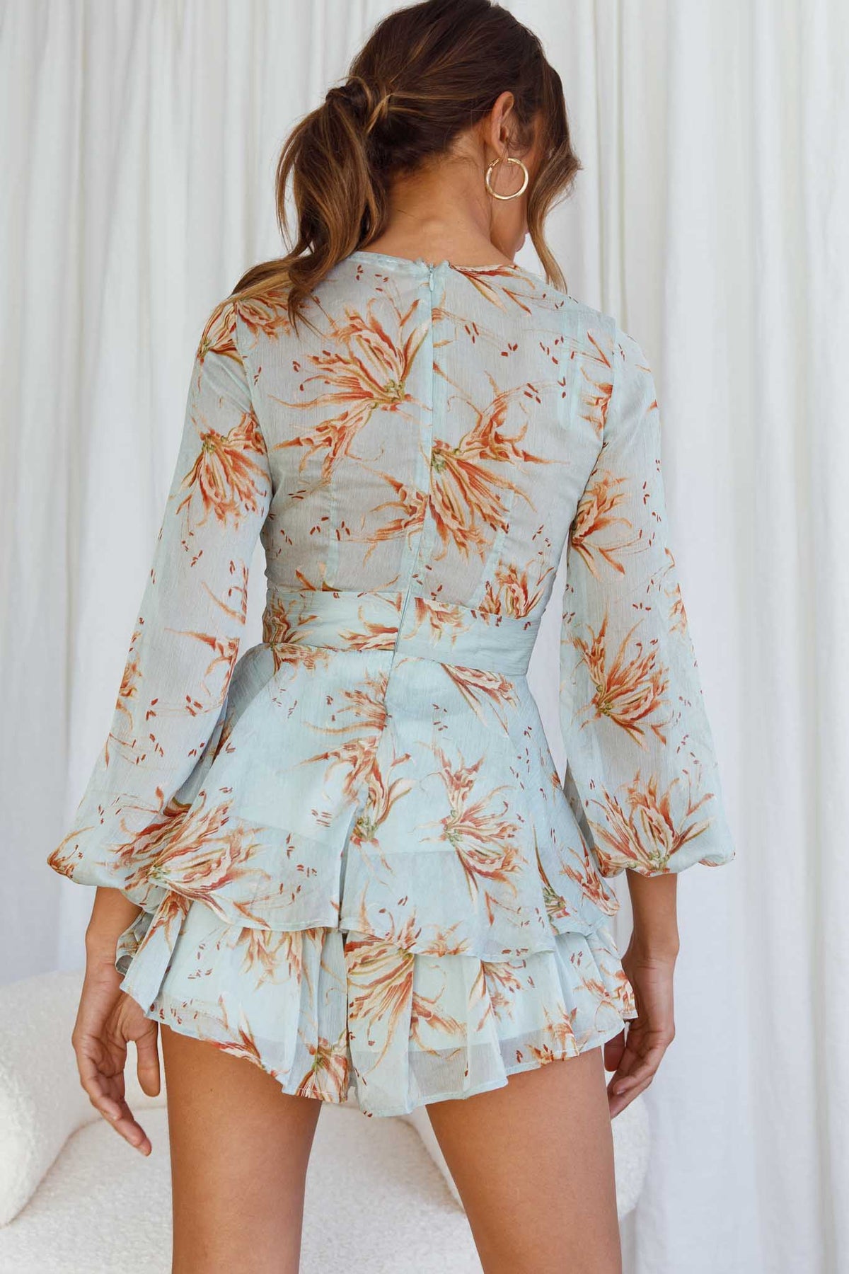 Maddox Fit & Flare Long Sleeve Romper Lily Print Pistachio