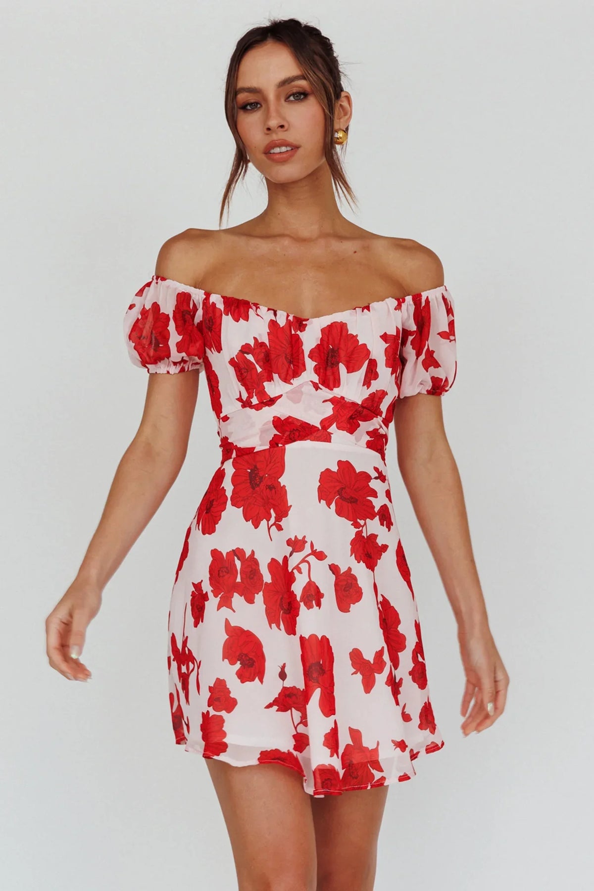 Linka Puff Sleeve Waist Tie Dress Floral Red