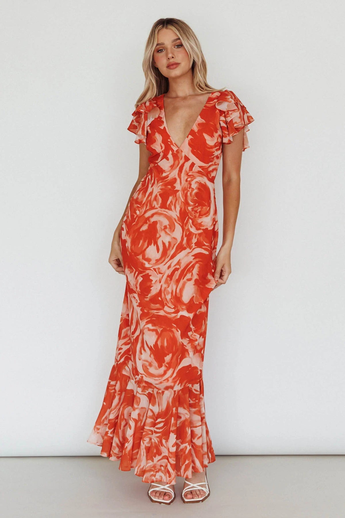 Lydiah Ruffle Sleeve Maxi Dress Floral Orange
