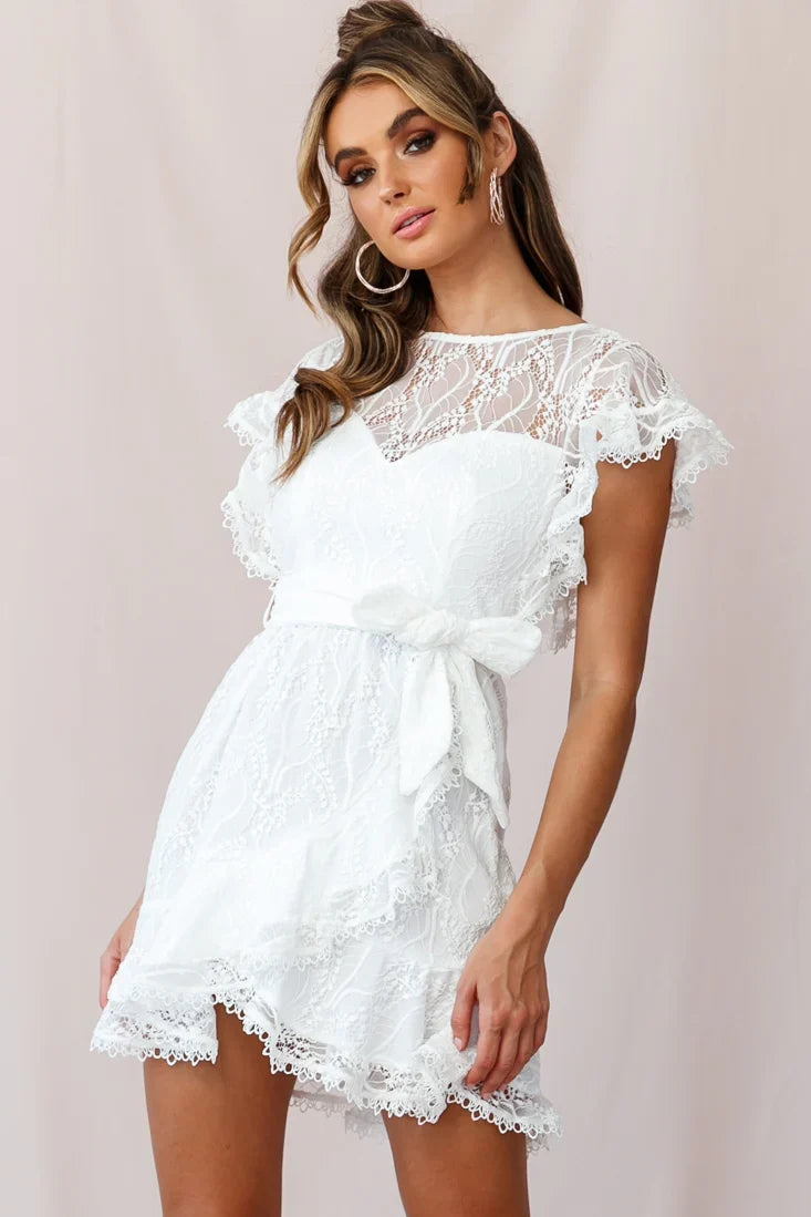 Taya Ruffle Shoulder Waist Tie Dress White Lace