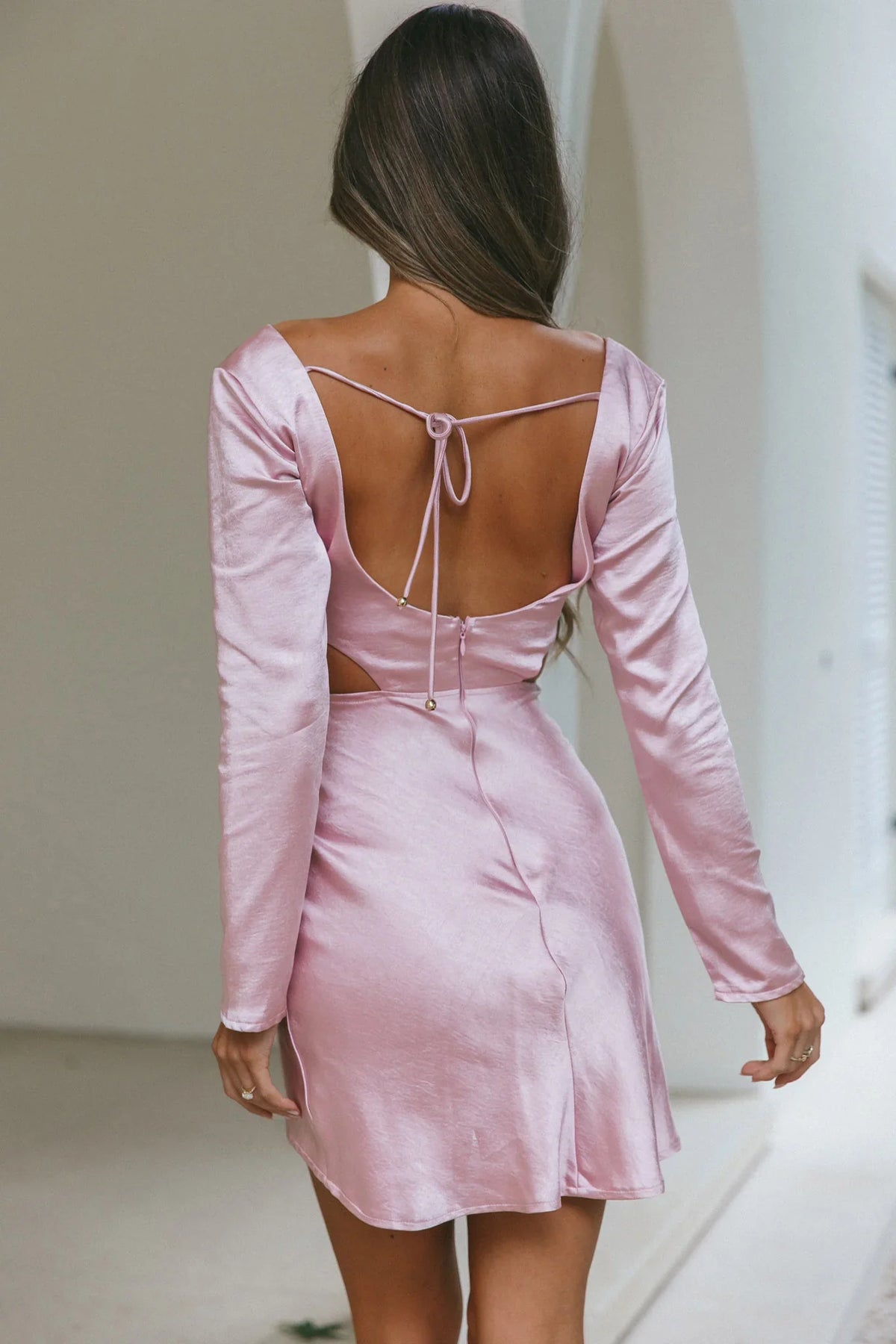 Shaken Not Stirred Cut-Out Waist Long Sleeve Pleat Mini Dress Blush