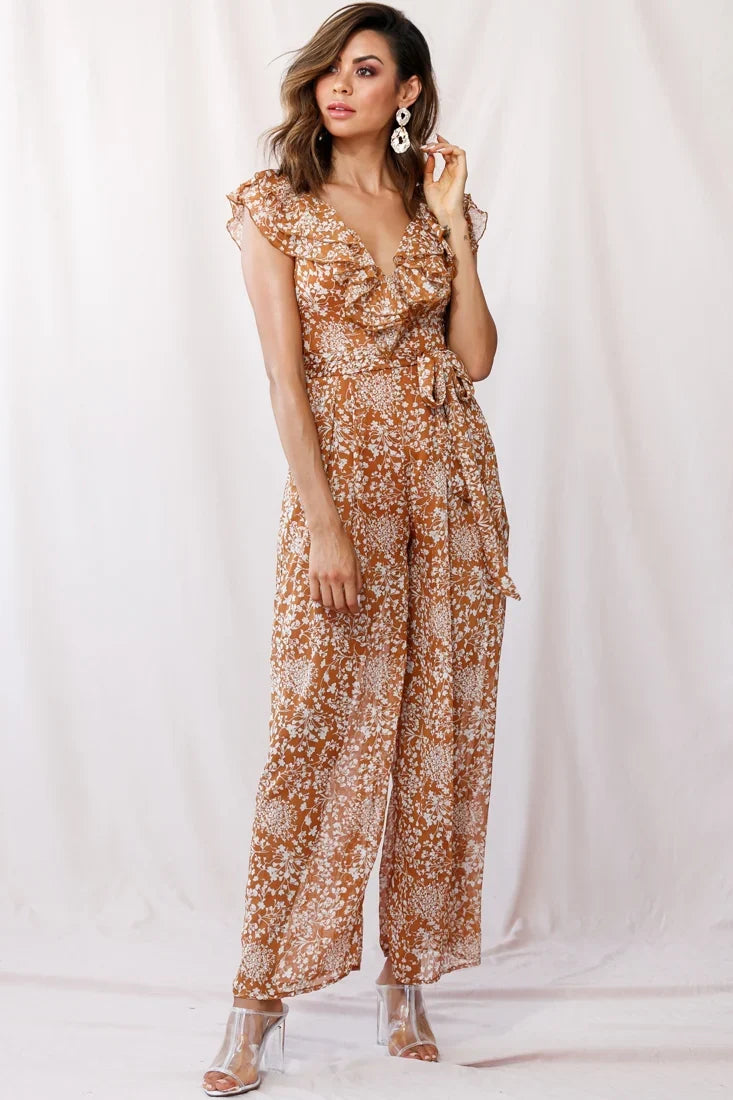 Marcia Ruffle Strap Wide Leg Jumpsuit Tan