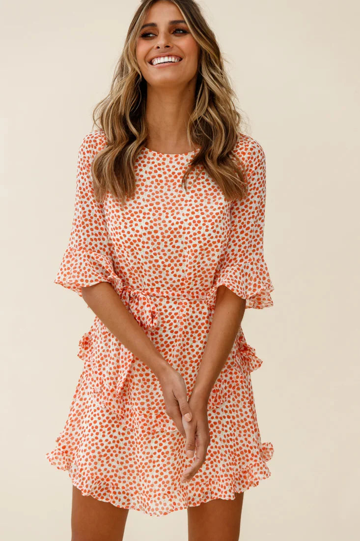 Wife Me Crew Neck Ruffle Insert Dress Polka Dot Orange