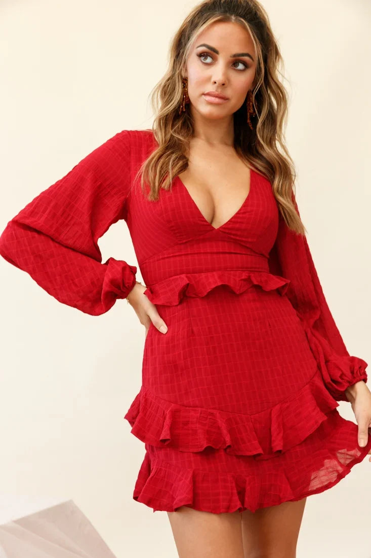 Queenie Long Balloon Sleeve Ruffle Trim Dress Wine