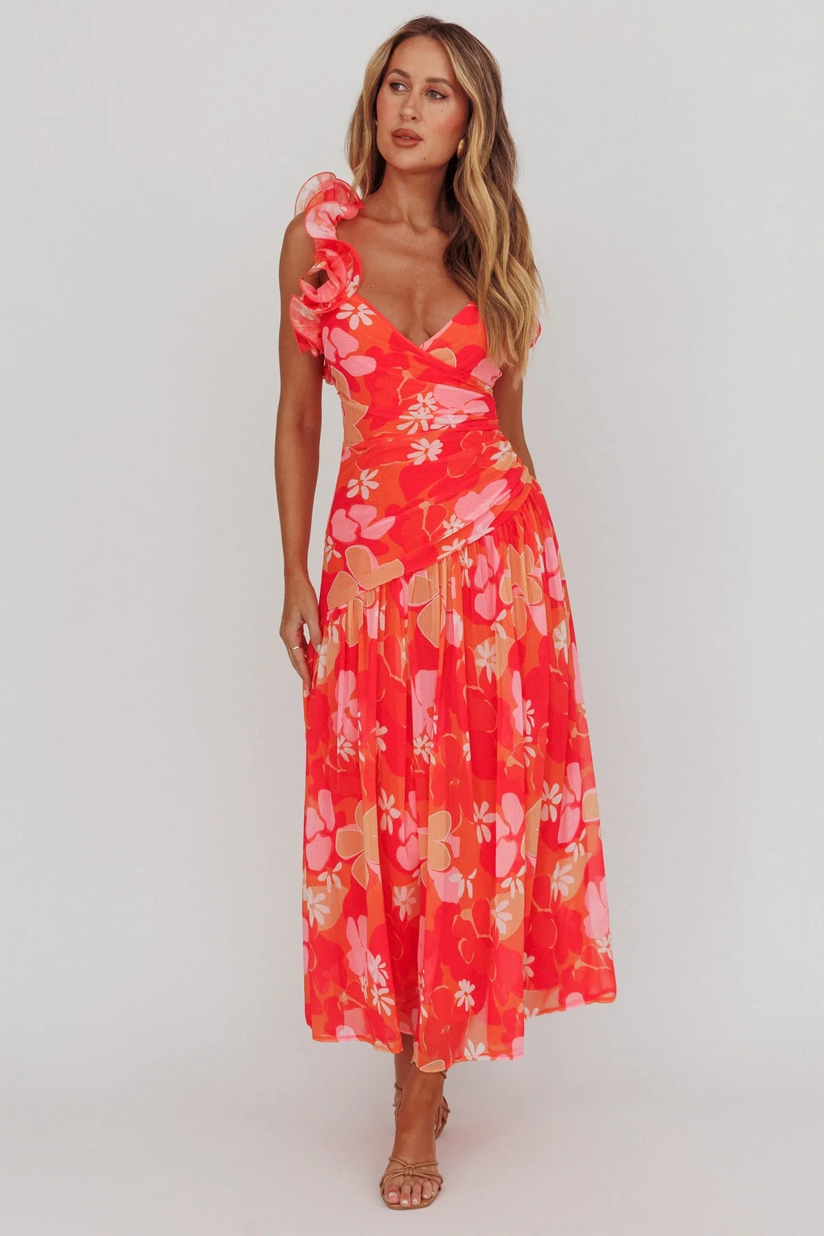 Kinley Ruffle Strap Maxi Dress Floral Orange