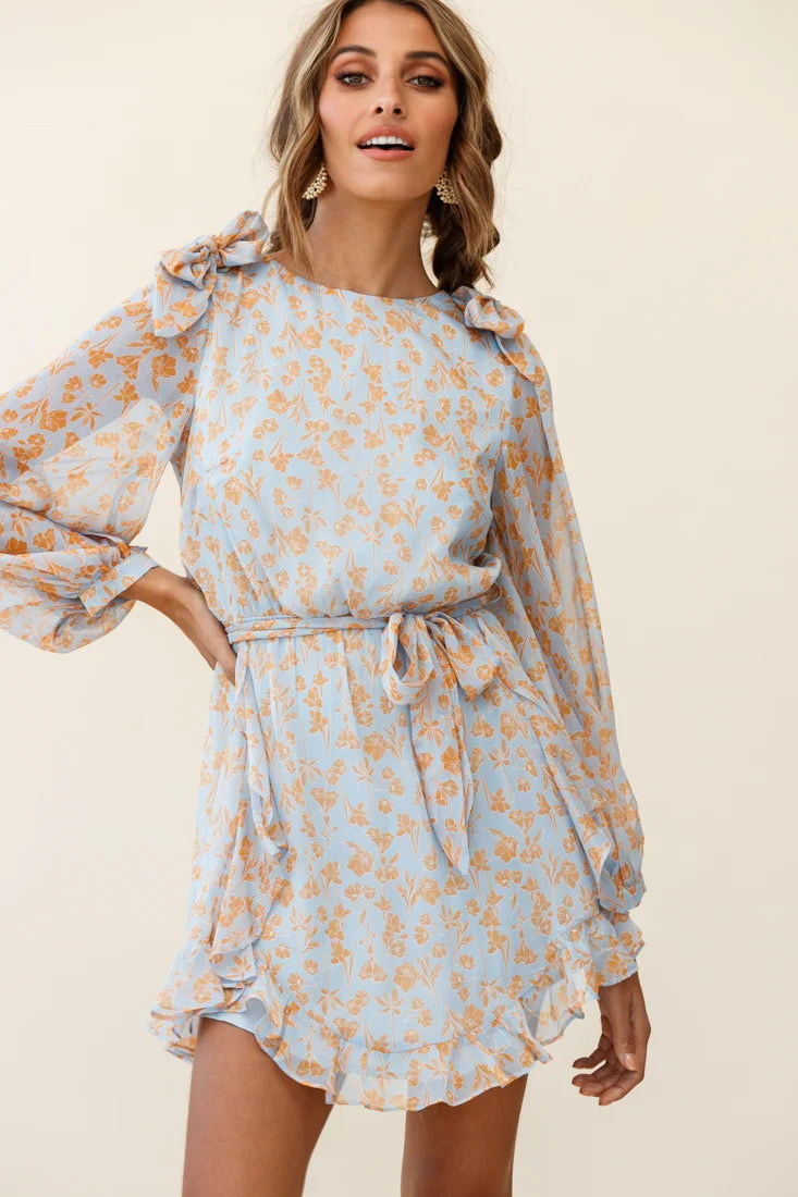Leigh Long Sleeve Waist Tie Dress Floral Print Blue/Orange